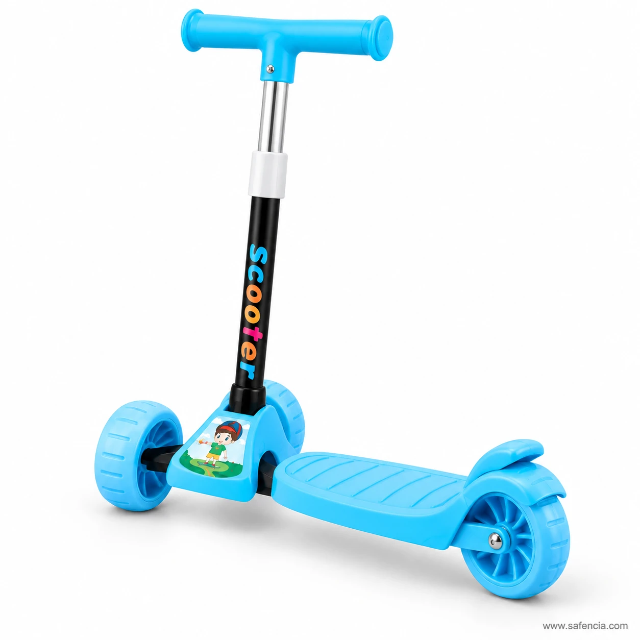Sky blue cartoon kids scooty seen from the side with its wide flat handlebar