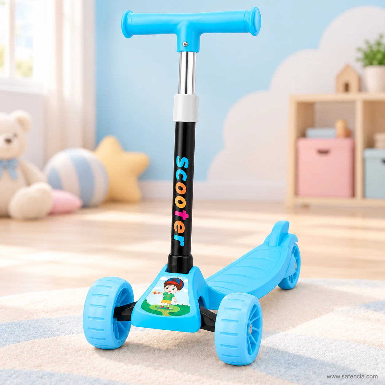 Sky blue cartoon kids scooty standing in a bright playroom with soft toys