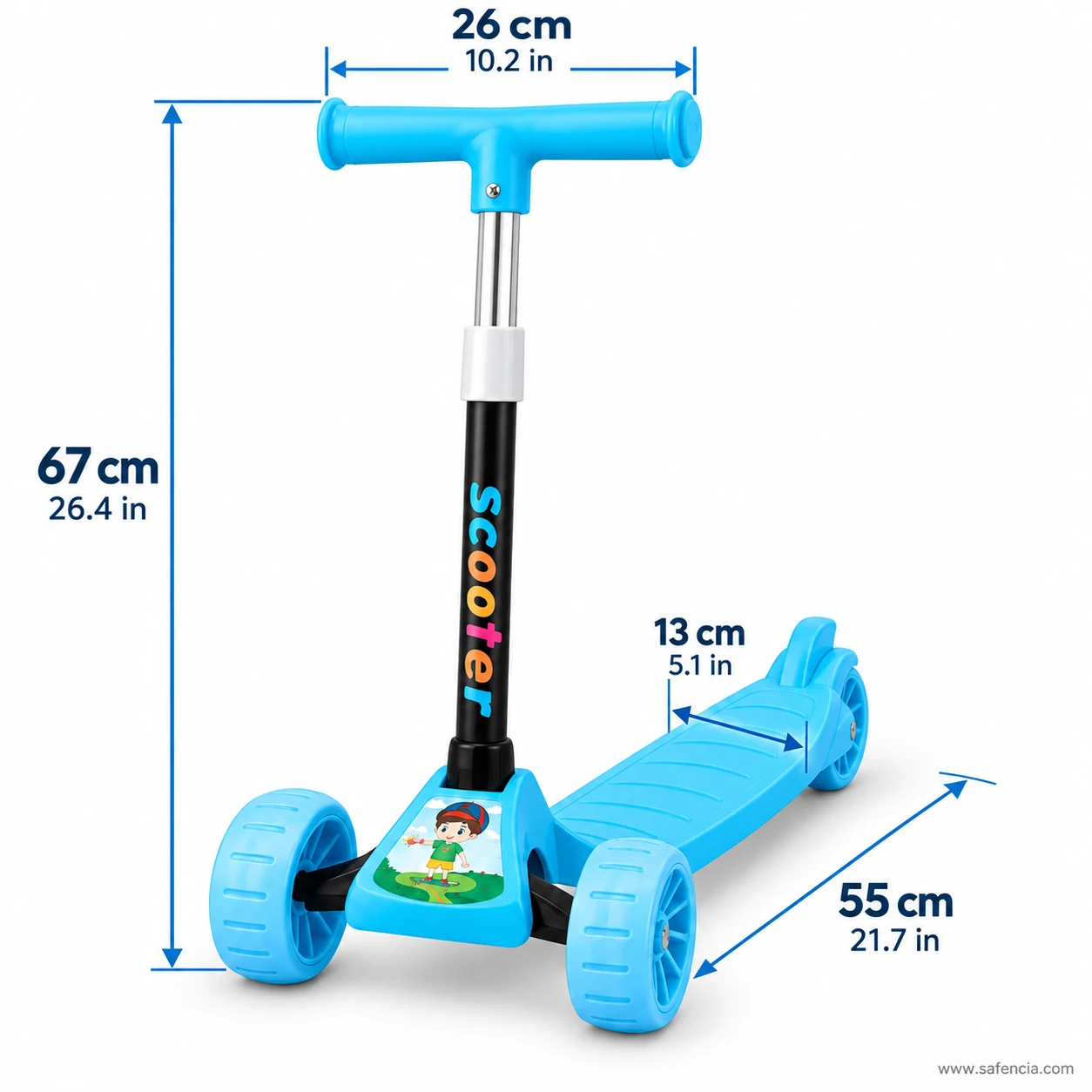 Sky blue cartoon kids scooty size chart: 67 cm height, 26 cm handlebar, 13 cm deck, 55 cm long