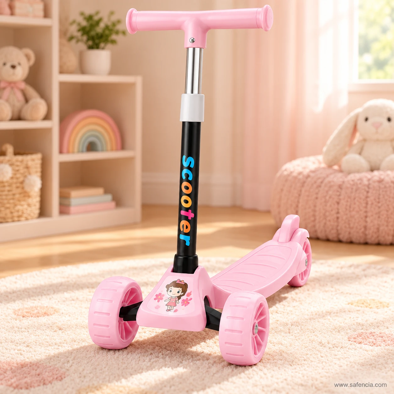 Baby pink cartoon kids scooty standing in a pink bedroom with a soft toy