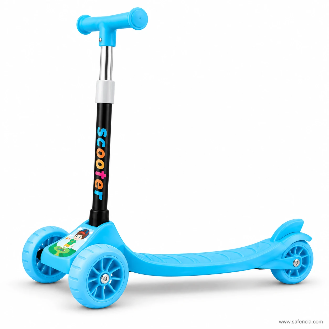 Side view of the blue cartoon kids scooty showing the deck and chunky wheels