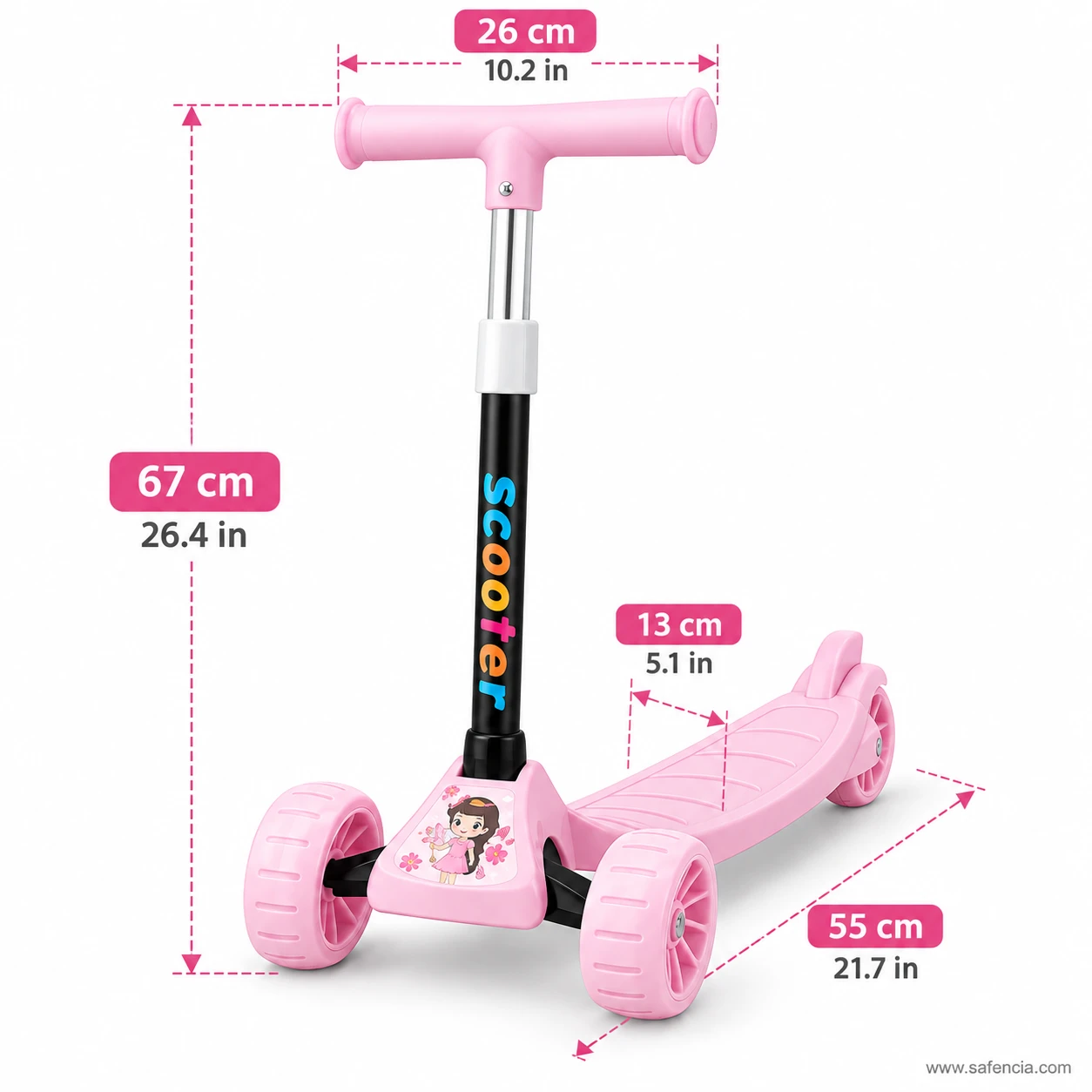 Size chart of the cartoon kids scooty: 67 cm height, 26 cm handlebar, 13 cm deck, 55 cm length