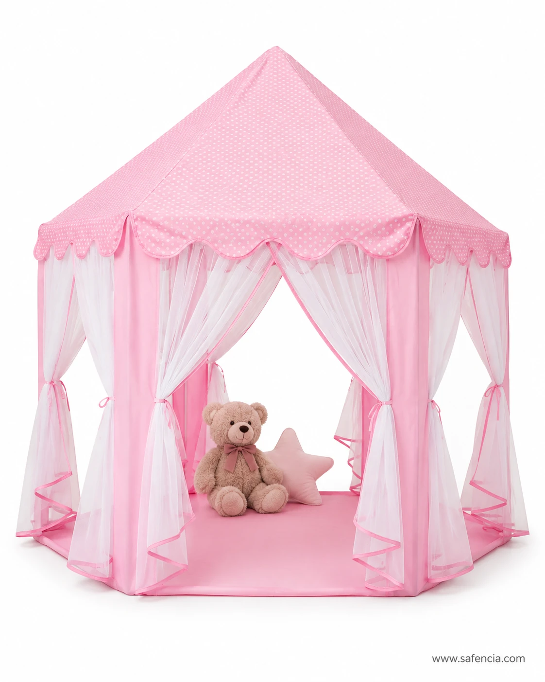 Princess castle tent house for girls with a teddy bear and star cushion on the pink sewn-in floor