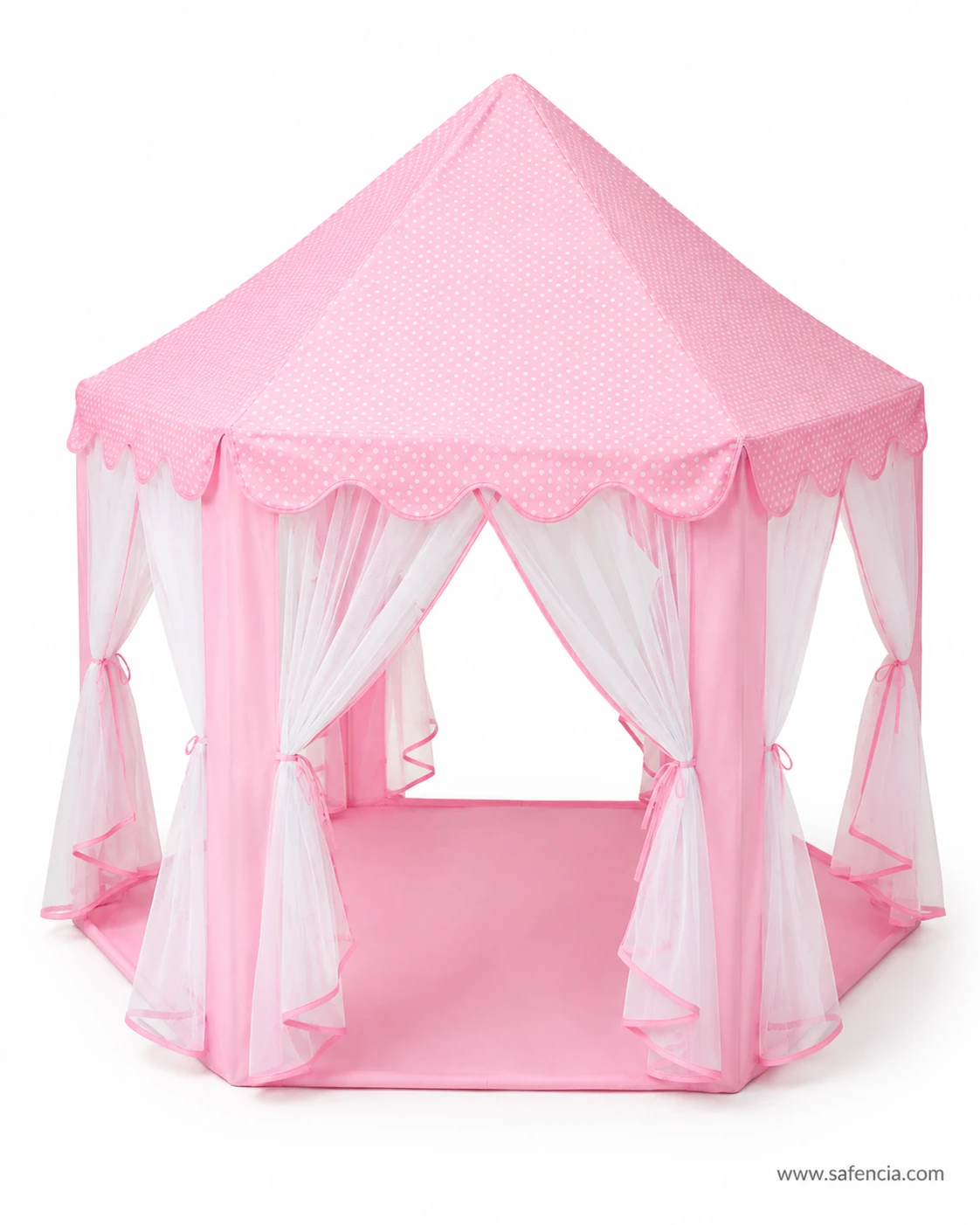 Pink princess castle tent house showing the hexagonal sewn-in floor and pink curtain tie-backs