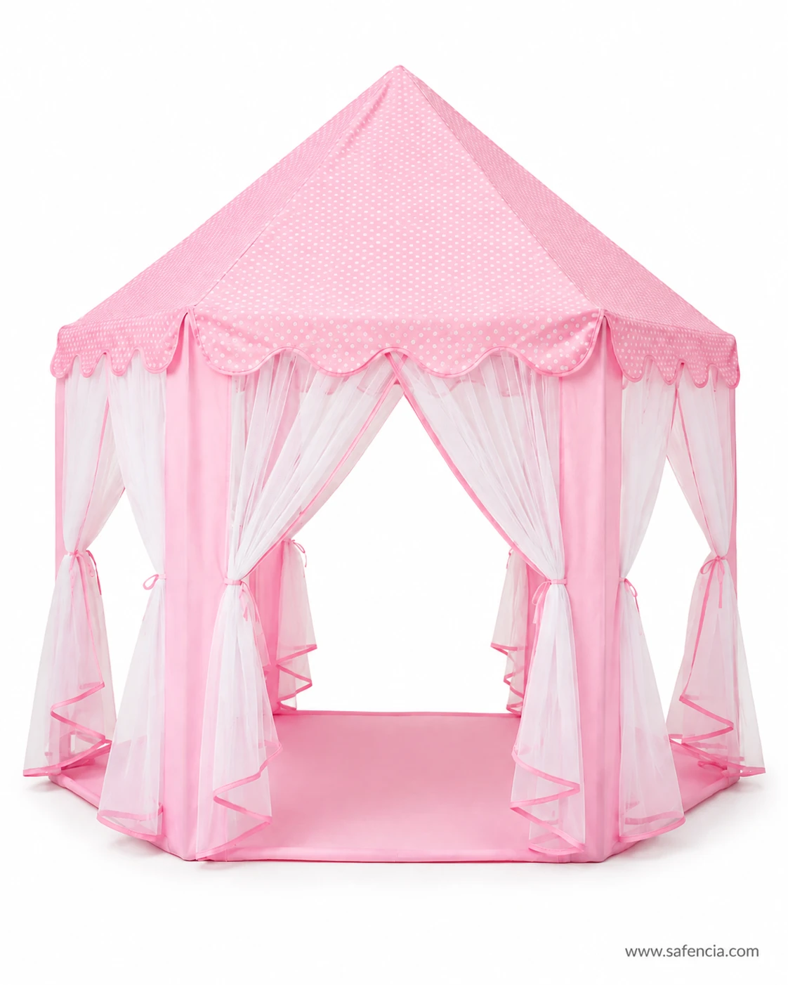 Front view of the pink princess castle tent showing the polka dot canopy and six tulle curtain panels