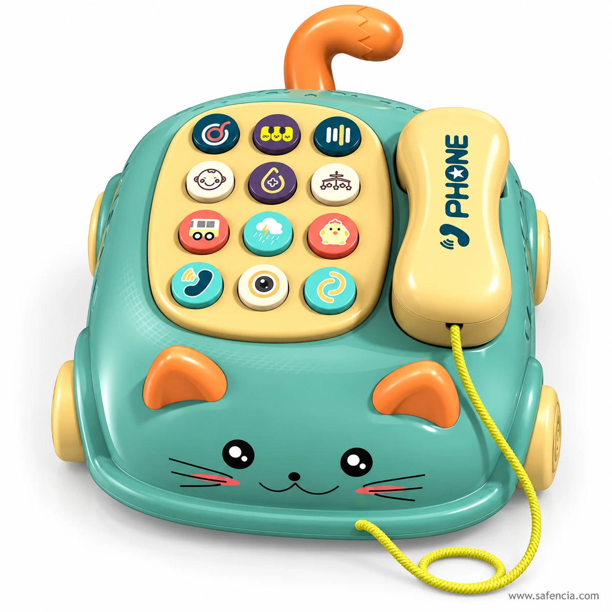 Front view of the teal cat telephone toy showing its cat face, wheels and handset cord