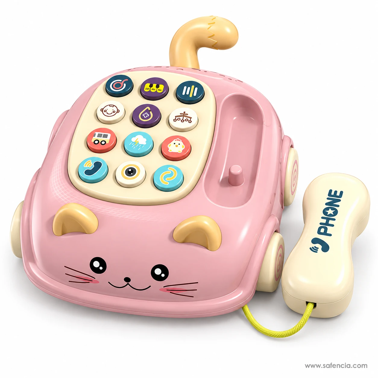 Pink cat telephone toy with the handset lifted out of its cradle on the yellow cord