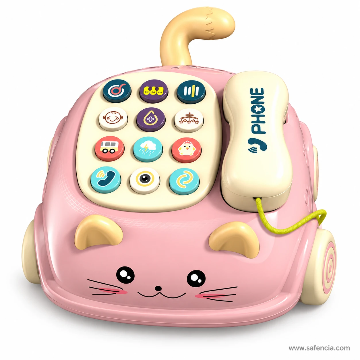 Pink cat telephone toy with cream ears, whiskers, PHONE handset and sound buttons