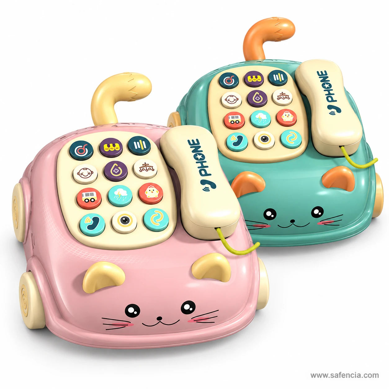 Pink and teal cat telephone toys side by side with handsets and picture keypads