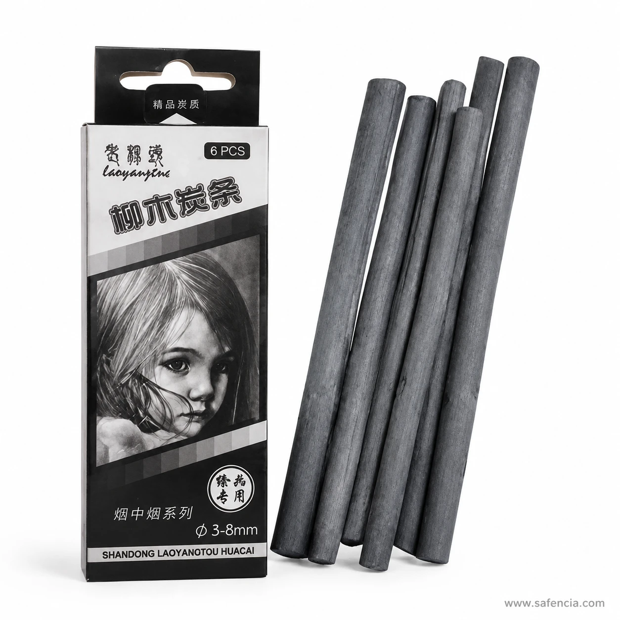 Front of the willow charcoal sticks card box with sticks standing beside it