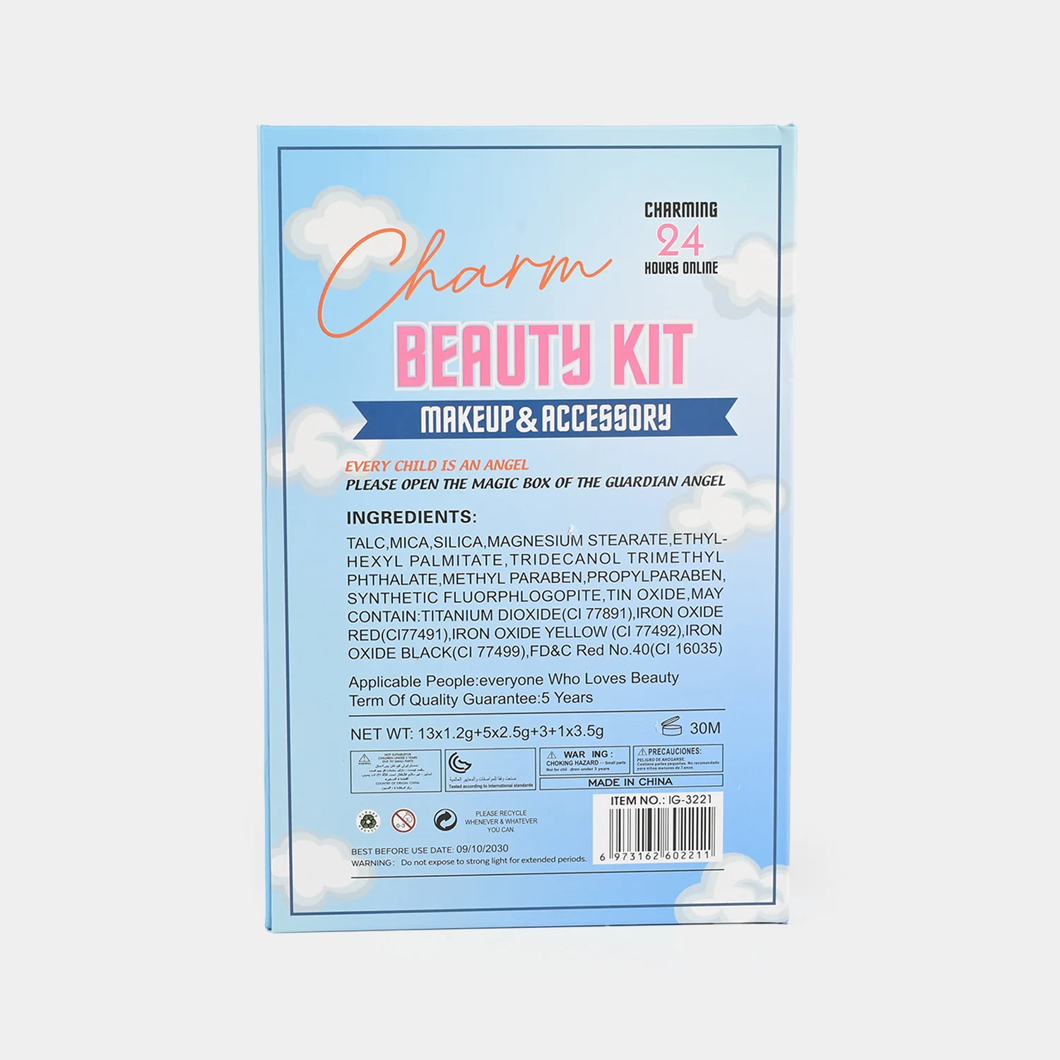 Charm Beauty Makeup & Accessory Kit detail view - shades and bead jewellery