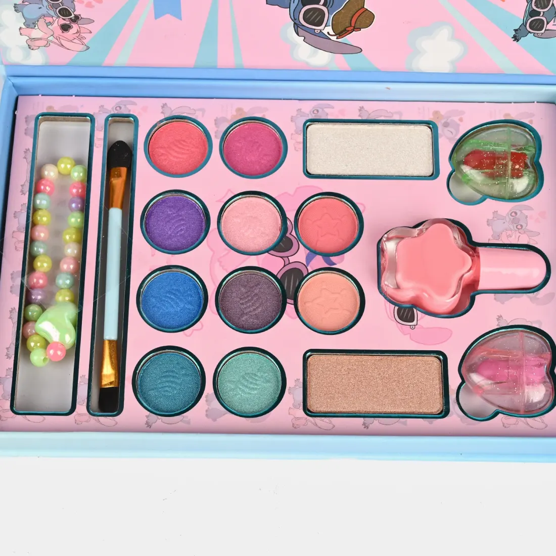 Charm Beauty Makeup & Accessory Kit open view - eyeshadows, blushes, beads and brushes