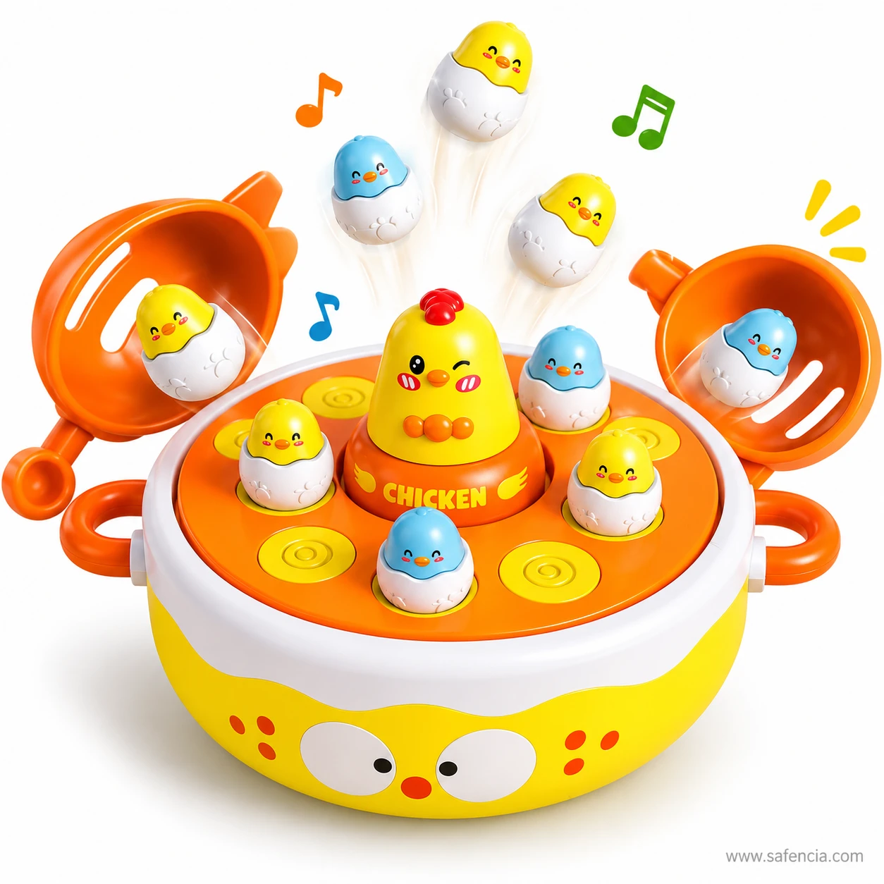 Baby chicks popping into the air from the chick game nest while music notes show it playing
