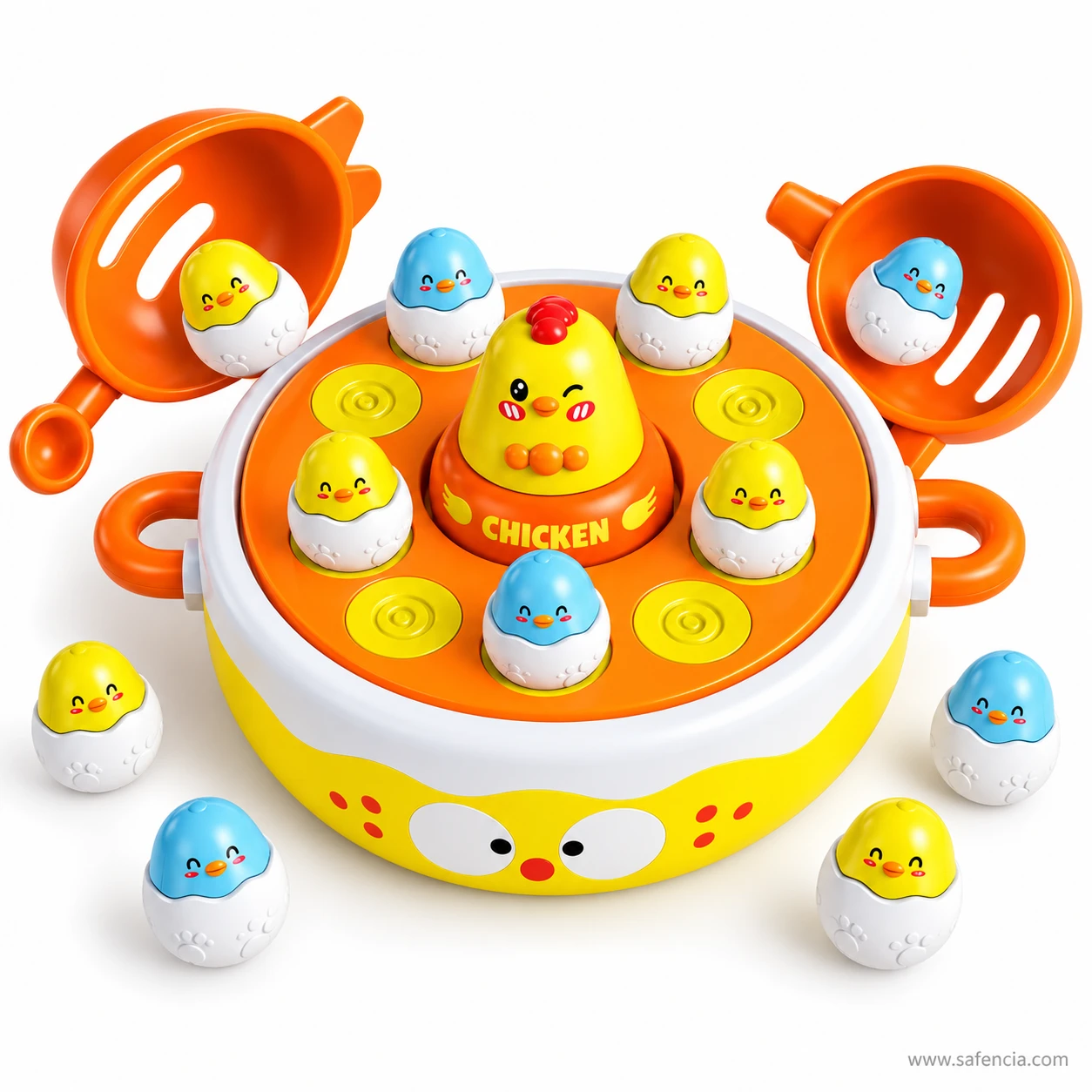 Close view of the chick popping game nest with baby chicks sitting in their holes