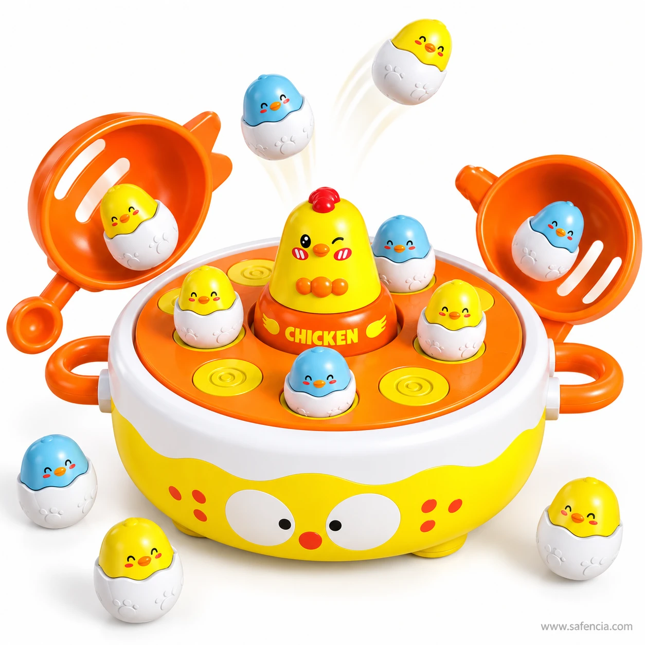 Chick popping game with a chick caught in one orange scoop and another popping up