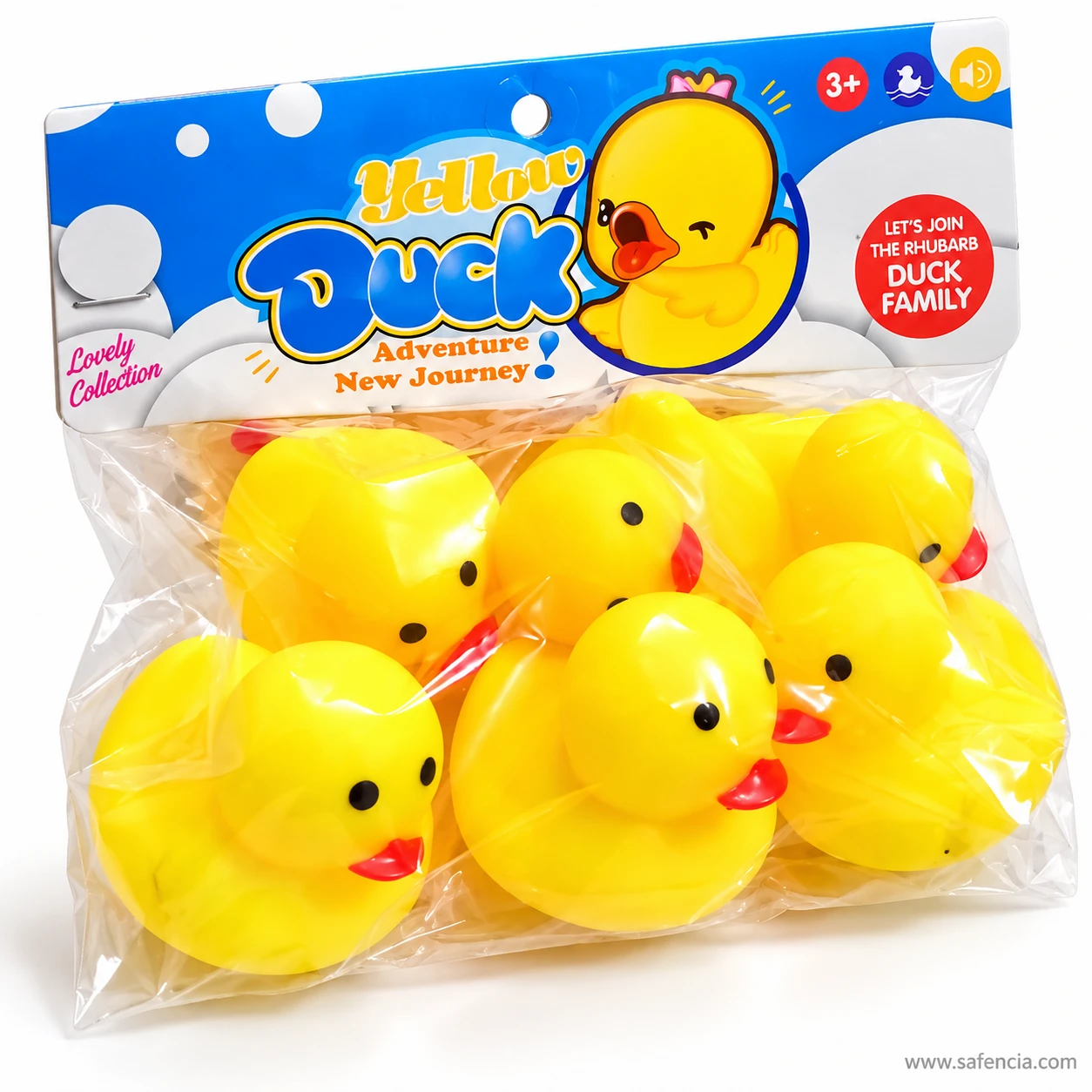 Angled view of the bag of six yellow rubber ducks, a squeaky bath toy set for children