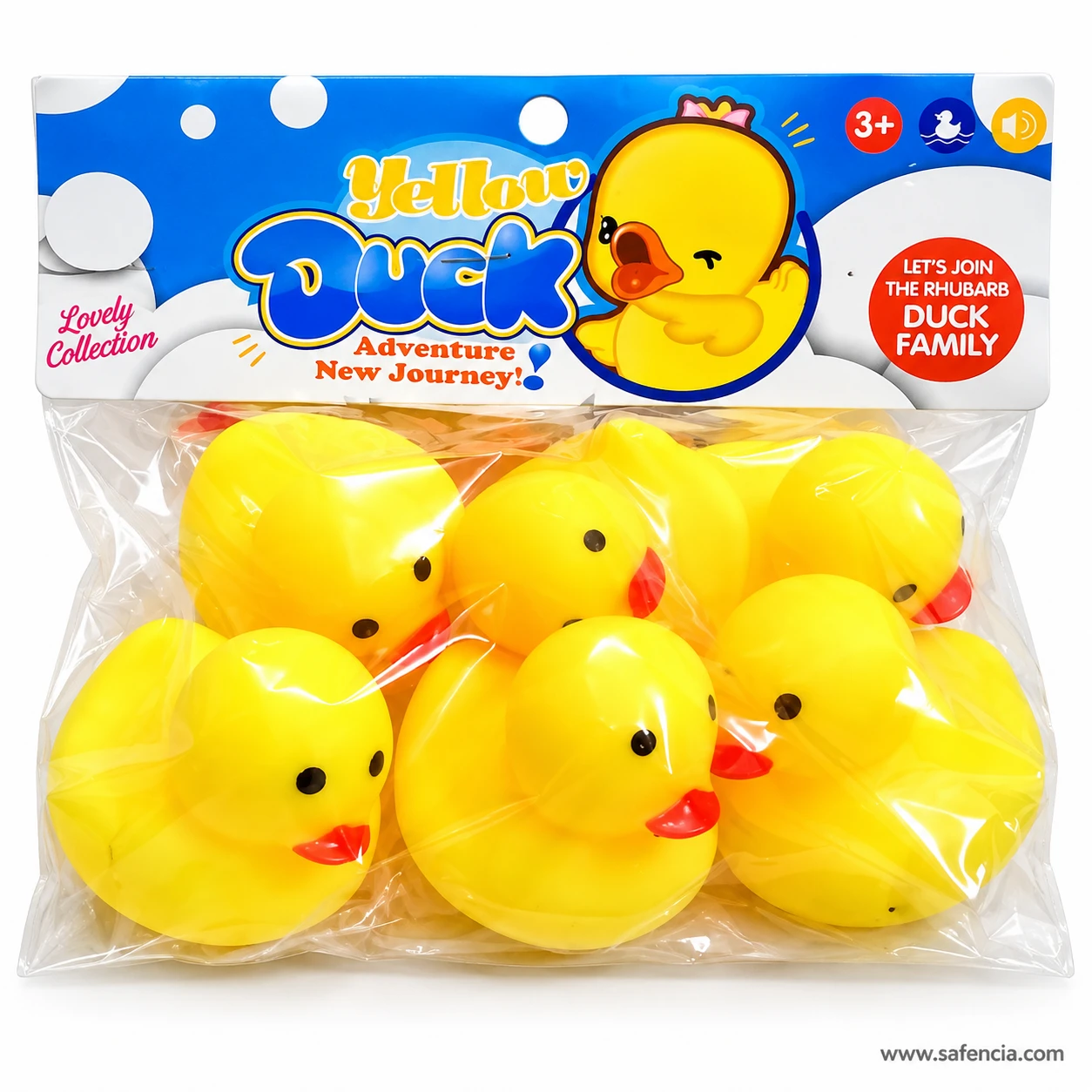 Front of the Yellow Duck bag of chu chu bath toys, marked 3+, with the ducks visible through the plastic