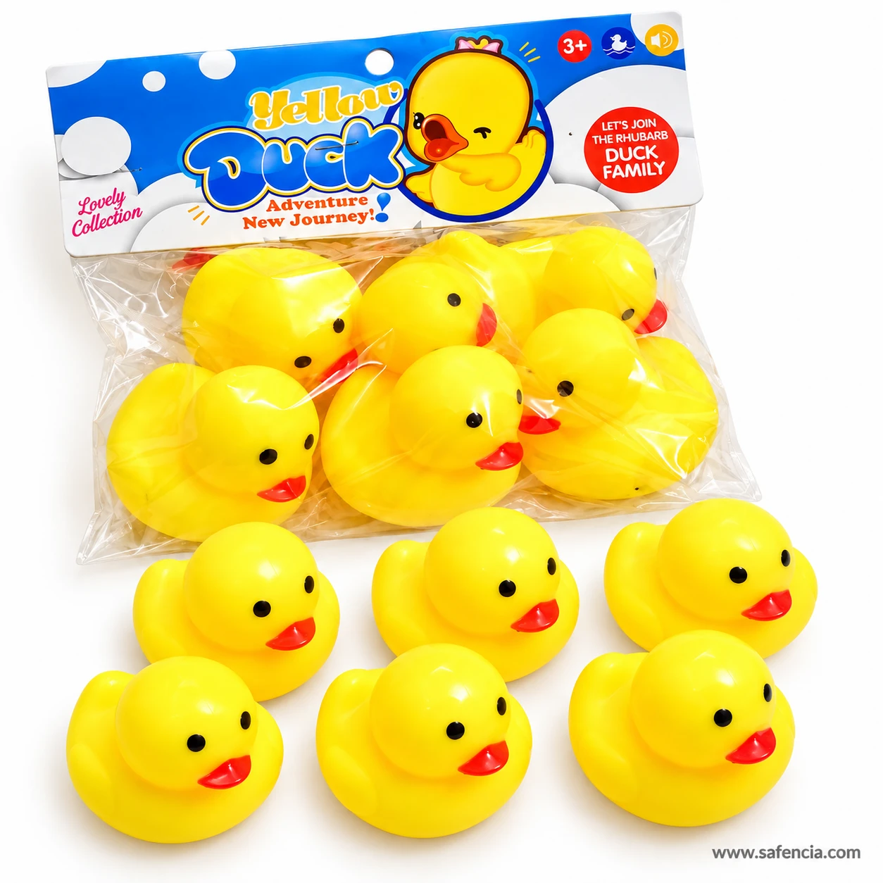 Six yellow squeaky rubber ducks set out in two rows in front of their bag, all the same size