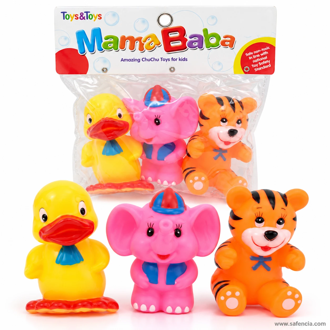 Chu chu duck, elephant and tiger standing in a row below their Mama Baba ChuChu Toys bag