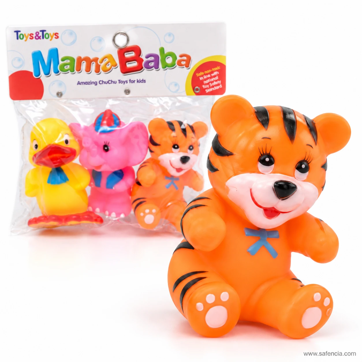 Close-up of the orange striped chu chu tiger toy sitting with a blue bow at its neck