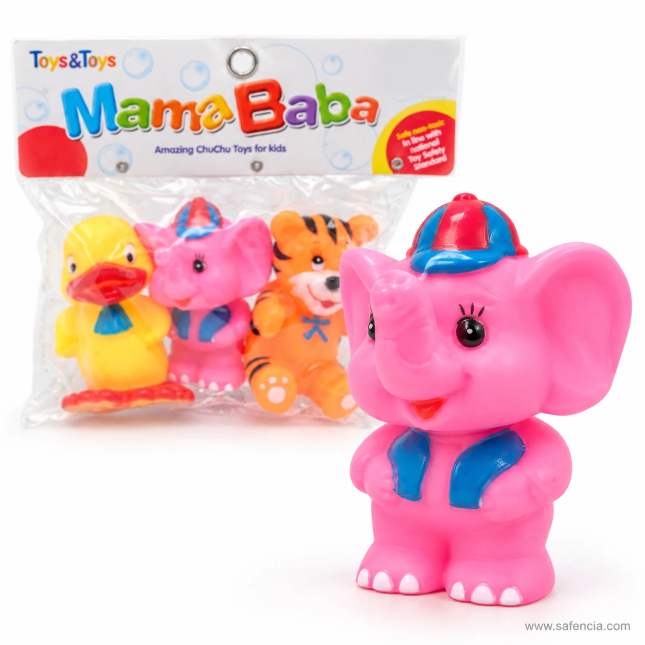 Close-up of the pink chu chu elephant toy wearing a blue cap and a blue waistcoat