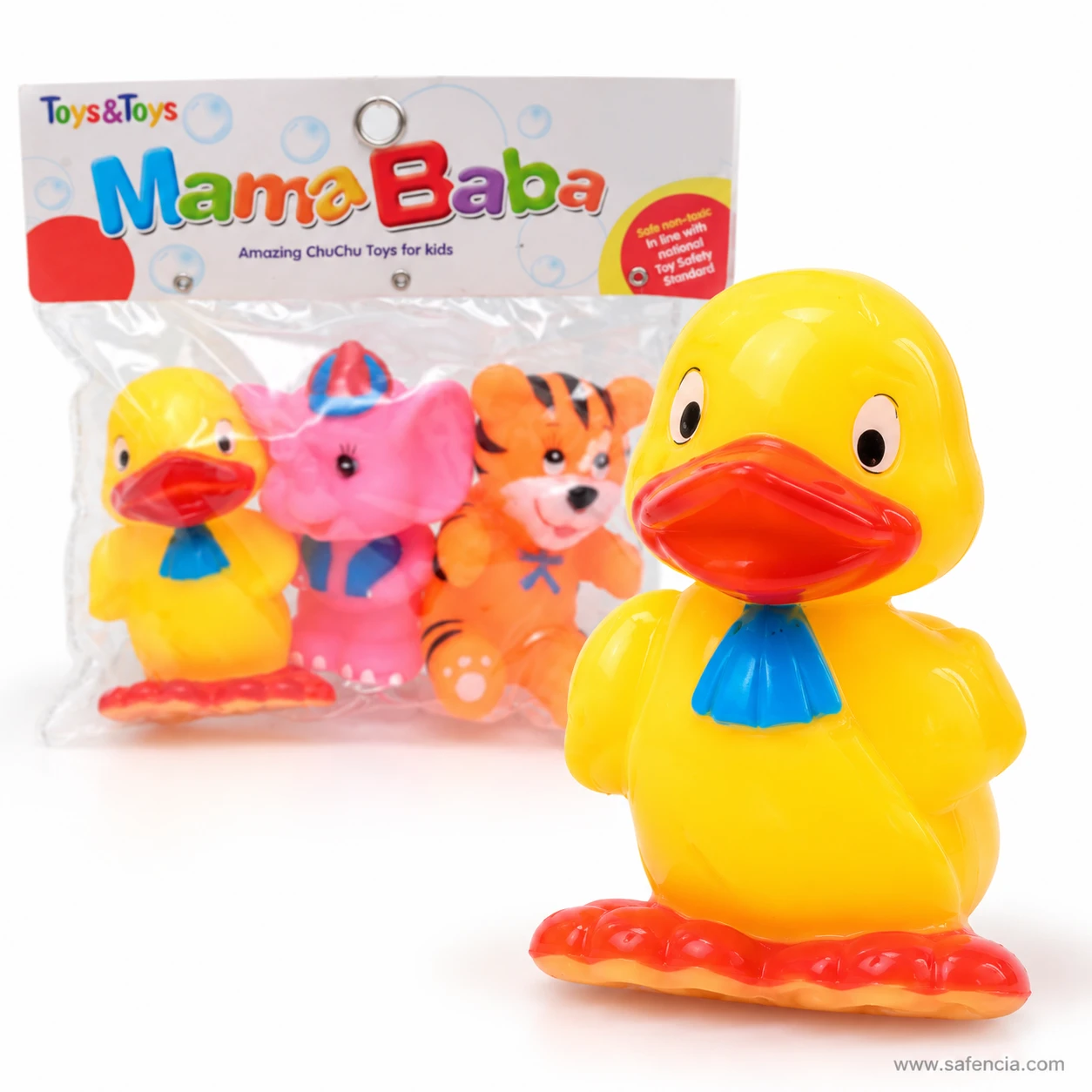 Close-up of the yellow chu chu duck with a blue bib standing on red feet, a squeaky bath toy