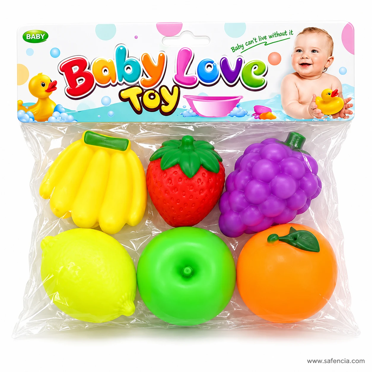 Baby Love Toy bag holding six squeaky fruits: bananas, strawberry, grapes, lemon, apple and orange