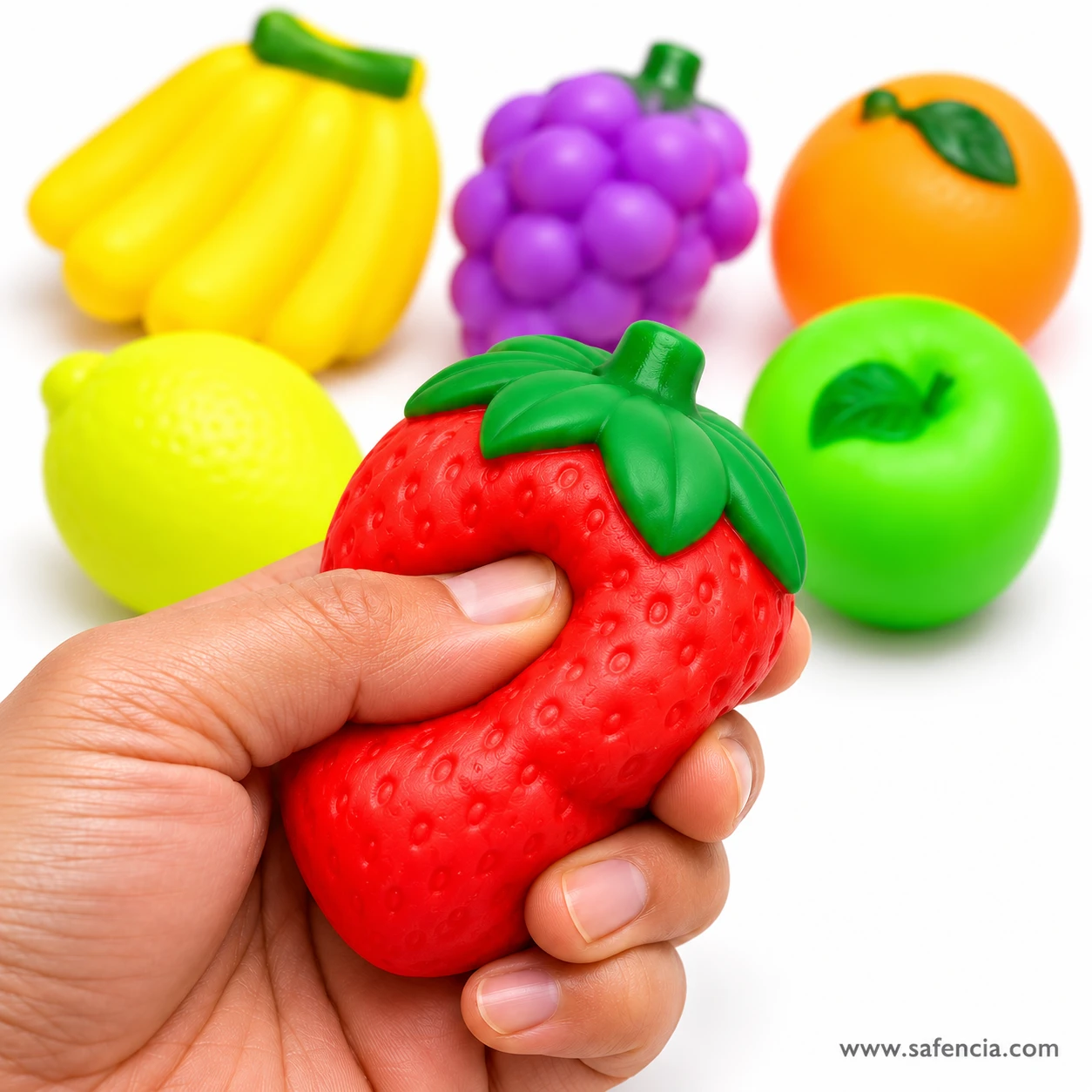Hand squeezing the red chu chu strawberry with the bananas, grapes, lemon, apple and orange behind
