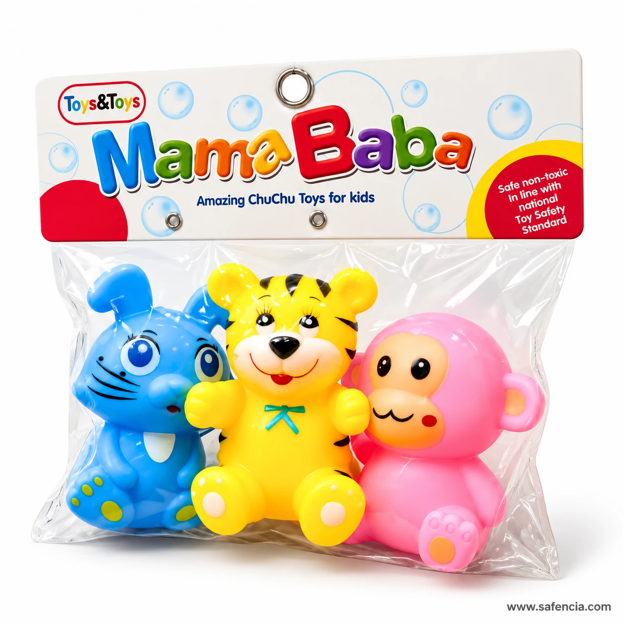 Front of the Mama Baba chu chu toys bag with the rabbit, tiger and monkey packed side by side