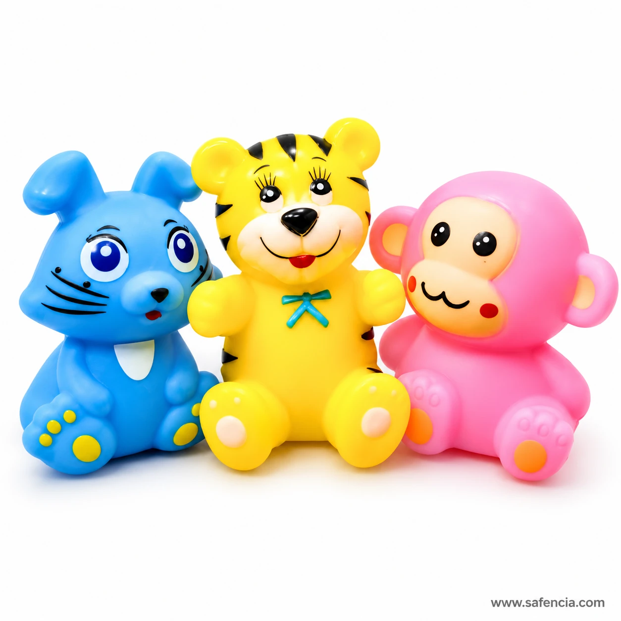 Front view of the three squeaky chu chu animals showing their faces, flat feet and sitting pose
