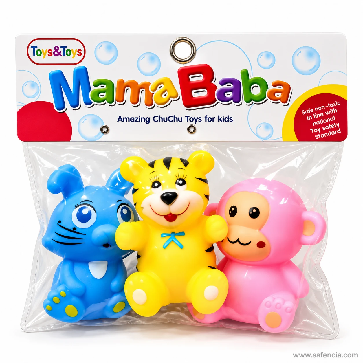 Mama Baba Amazing ChuChu Toys bag holding the blue rabbit, yellow tiger and pink monkey