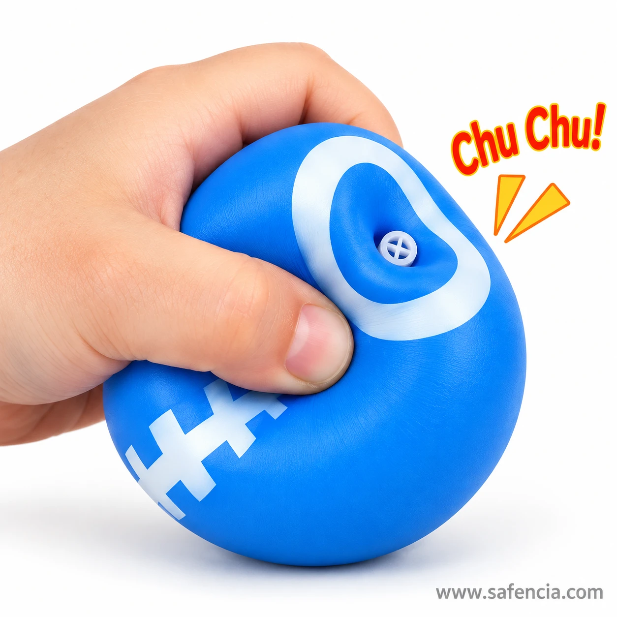 Hand squeezing the blue chu chu ball to show the squeak hole that makes the chu chu sound