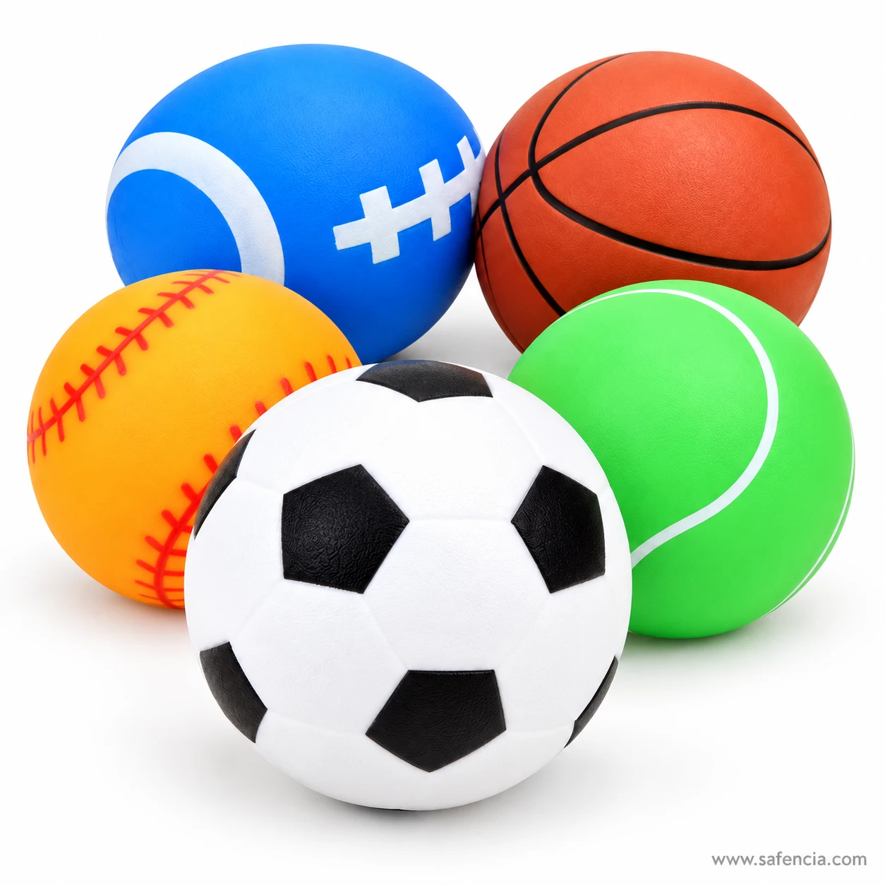 Close-up of the soft squeaky football in front of the basketball, tennis, rugby and baseball designs