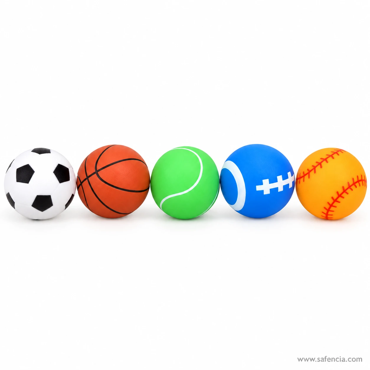 Five small chu chu sports balls lined up in a row to show their size and different designs