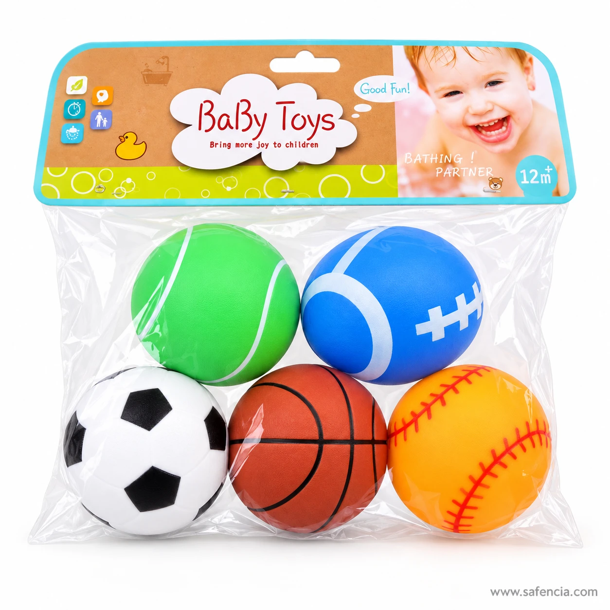 Five squeaky sports balls packed in a clear Baby Toys bag marked for 12 months and up