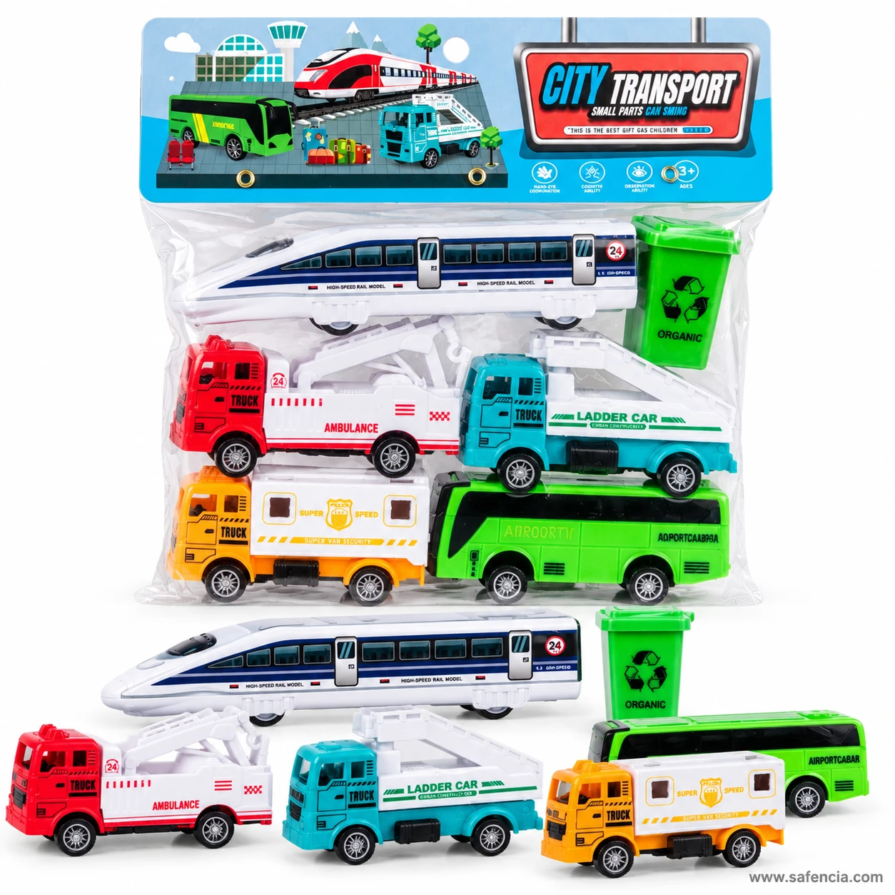 City Transport bag above the same six pieces laid out loose: train, bin, ambulance, ladder truck, security truck and bus