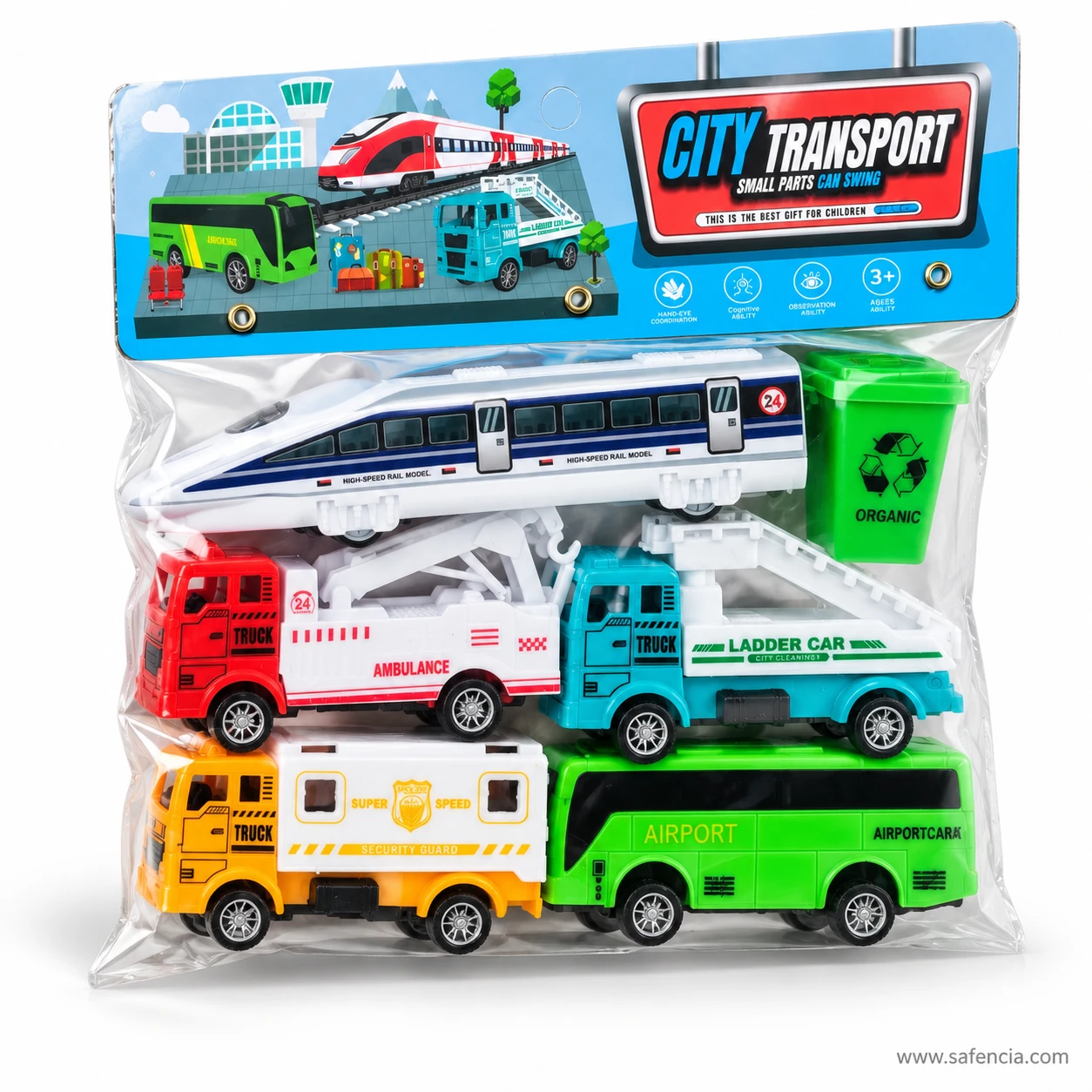 Angled view of the bagged City Transport set showing the train on top, then the trucks and the green airport bus