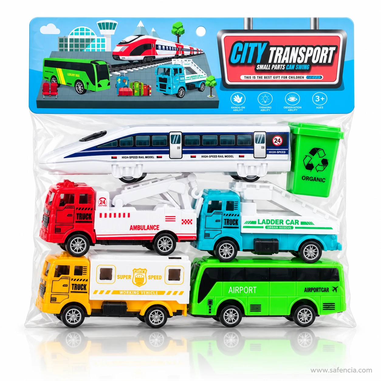 Straight-on front view of the City Transport toy bag with the airport bus and security truck in the bottom row