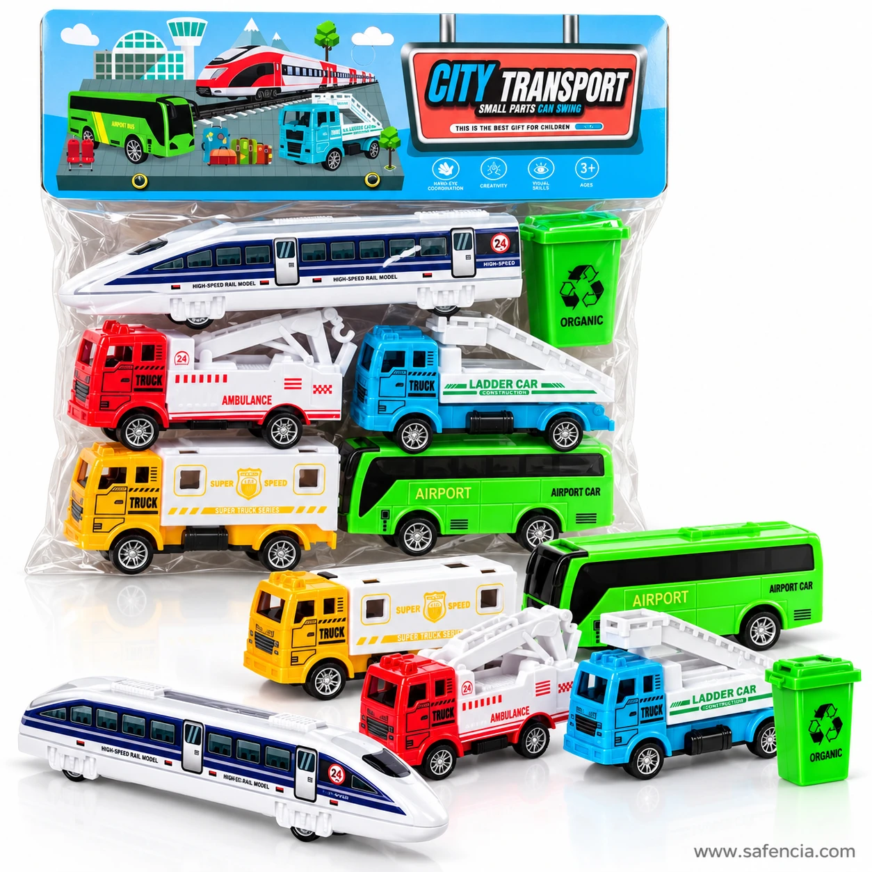 City Transport bag with the loose bullet train, ambulance, ladder truck, security truck, airport bus and bin in front