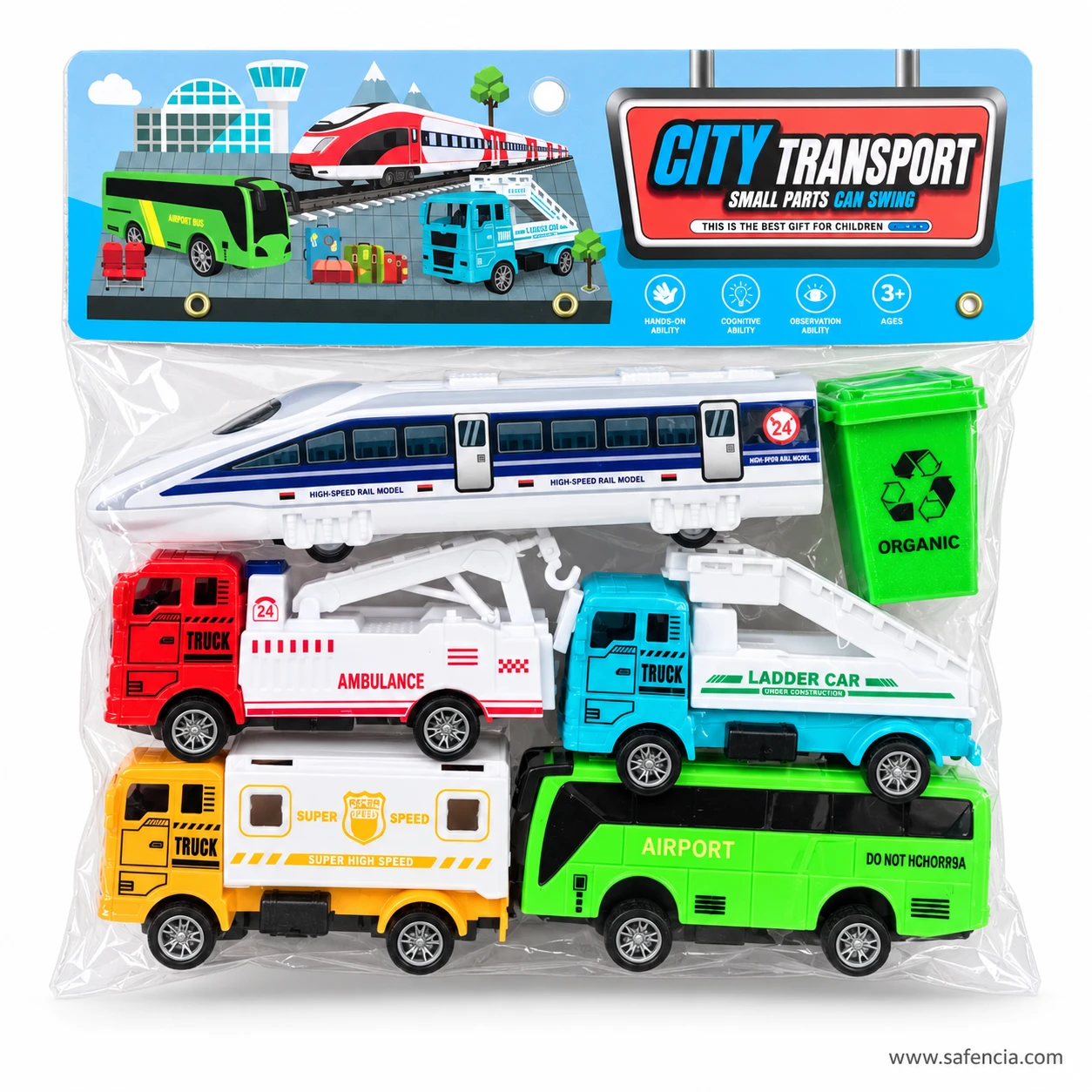 Front of the City Transport toy bag with the header card reading small parts can swing above the six vehicles