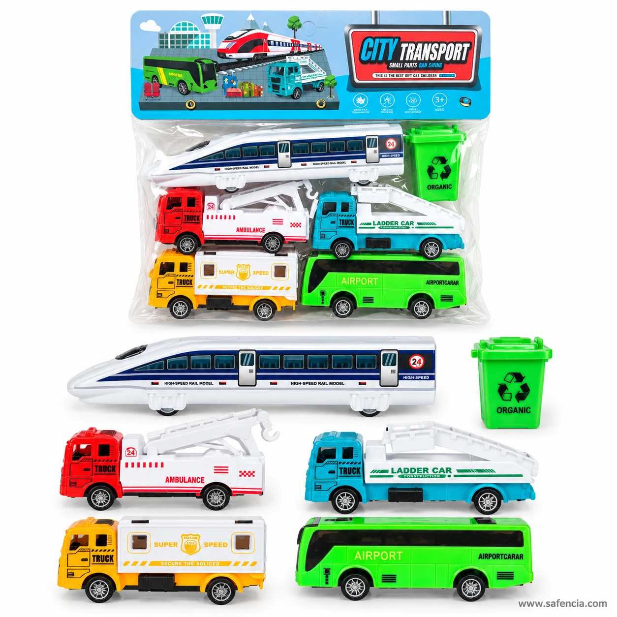 The six City Transport pieces laid out in rows beneath the bag, with the white train and green bin in the top row
