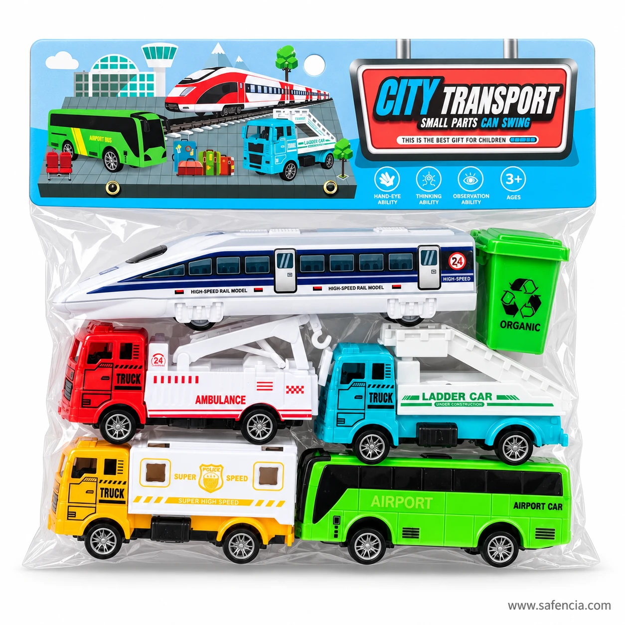 City Transport toy set in its clear bag with a blue header card showing an airport, a train and the age 3+ mark