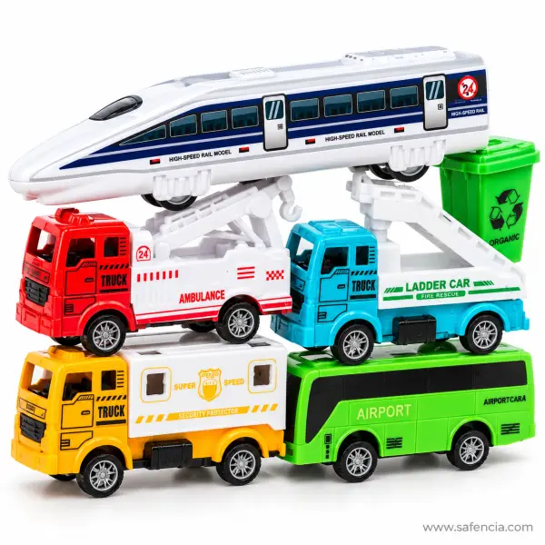 City Transport Toy Vehicle Set, 6 Pcs: Bullet Train, Airport Bus, Ambulance, Ladder Truck, Security Truck and Bin