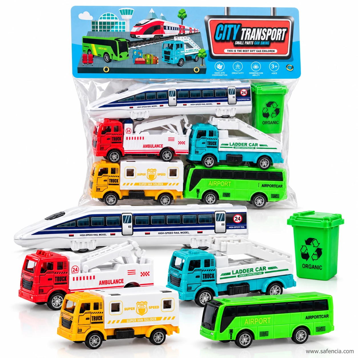 Bullet train, recycling bin, ambulance, ladder truck, security truck and airport bus arranged in front of the City Transport bag