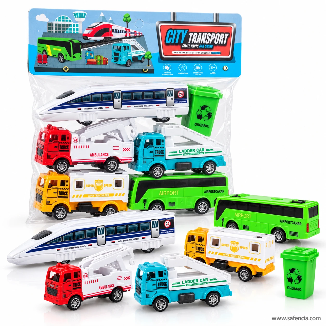 City Transport vehicles scattered in front of the bag as if mid-game, the bus parked beside the security truck and bin