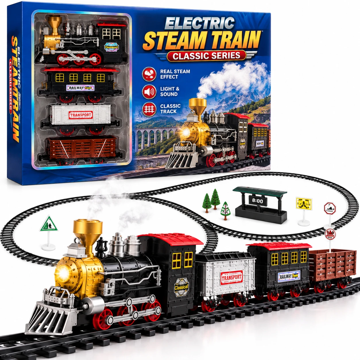 Classic electric steam train running on its fully assembled oval track with trees and signs around the circuit