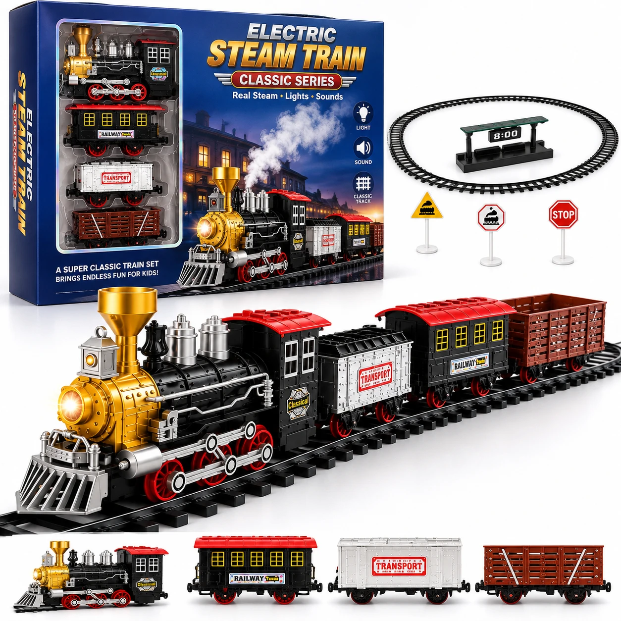 Steam locomotive with a red-roofed coach, white Transport boxcar and open stake wagon beside standing road signs