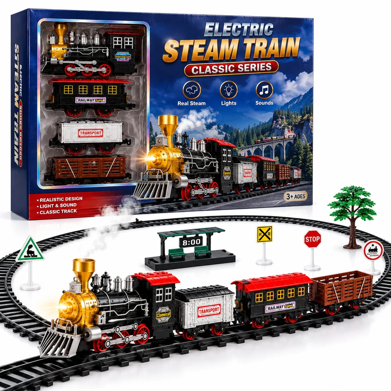 Complete classic electric steam train set showing the locomotive, three cars, track sections and lineside pieces