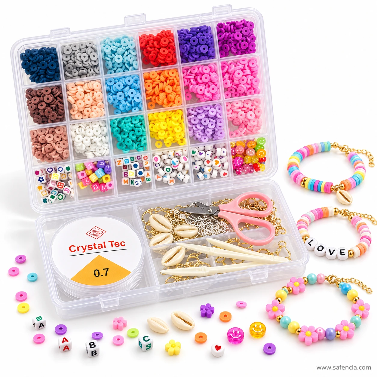 Clay beads kit box with three finished bracelets beside it, including a LOVE name bracelet and a flower bracelet