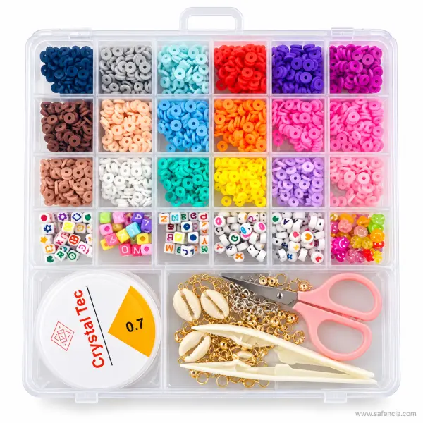 Clay Beads Bracelet and Jewellery Making Kit, 24-Grid Box with 18 Bead Colours, Letter Beads, Shells and Tools